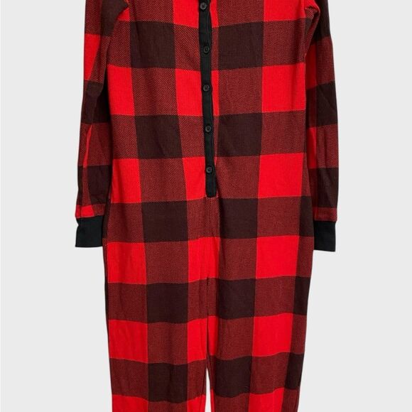 Old Navy Thermal Knit One-Piece Pajama Women's Sz L Red Black Plaid Cozy Buttons - Picture 9 of 16